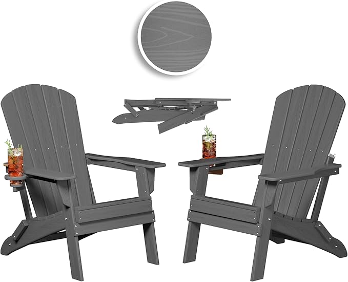 Plawdlik Folding Adirondack Chair, SGS Tested, Wooden Textured with Cup Holder, Heavy All-Weather HDPE Comfortable Set Poolside Backyard Lawn Grey Set 2