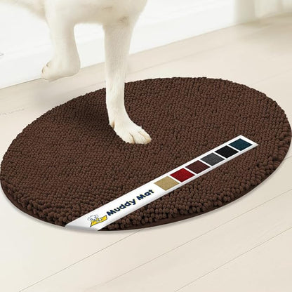 Muddy Mat® Shown on TV – Super Absorbent Microfiber Dog Door Mat for Muddy Paws, Non-Slip Washable Pet Rug, Quick Dry Chenille Entryway Carpet,Machine Washable Indoor Outdoor Mat, Brown Oval 3ft x 5ft