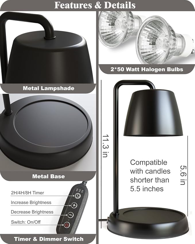 Candle Warmer Lamp with Timer and Dimmer - Electric Candle Lamp Warmer for Jar Candles - Ideal Home Decor Gift for Women, Daughter, and Mom - Includes 2 Bulbs (Black)