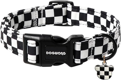 DOGWONG Checkered Dog Collar, Black Plaid Dog Collar Adjustable Soft Natural Fabric Pet Dog Collars Cute Puppy Necklace for Small Medium Large Dogs