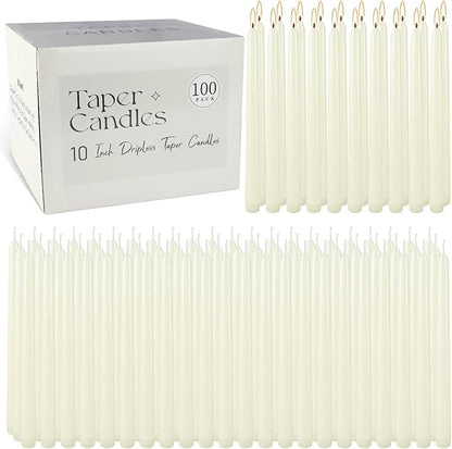100Pack Ivory Taper Candles, 7-8 Hours Burn Time, Unscented, Smokeless and Dripless, 0.75 x 10 Inch Dinner Candle Set for Household, Wedding, Party and Home Décor Candlesticks