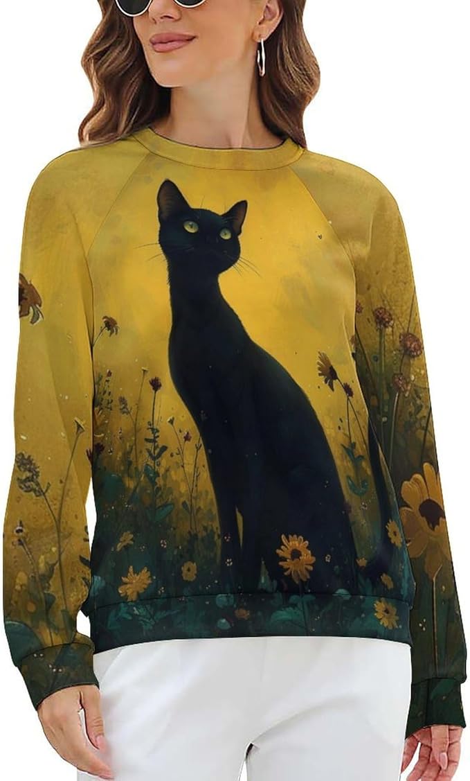 Long Sleeve Shirts for Women Cat Oil Painting Shirt 3D Graphic Sweatshirts Fall Pullover Crewneck Vintage Boho Tops