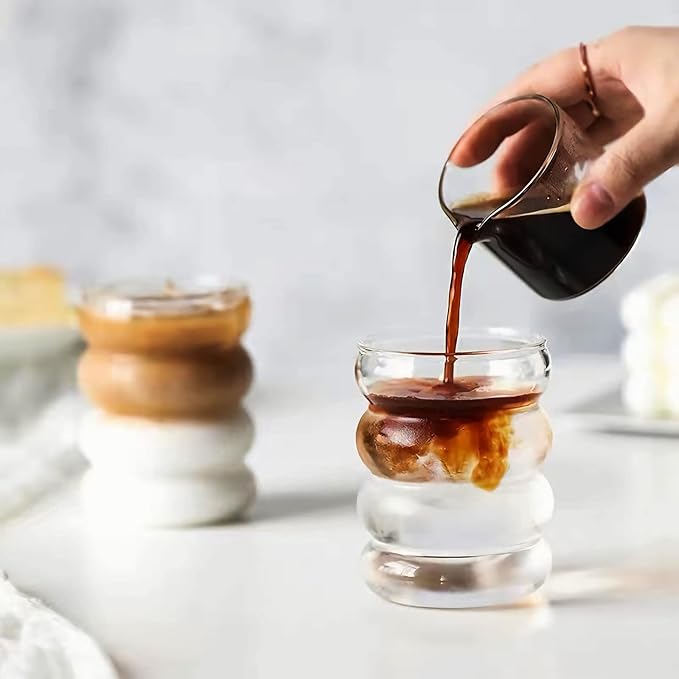 4 Pcs Iced Coffee Glasses with Glass Straws 14oz Thick Drinking Glass Cup Set,Iced Latte Glasses,Cocktail Glasses,Beer Glasses,Ideal for Water,Soda,Tea,Gift - with Cleaning Brushe