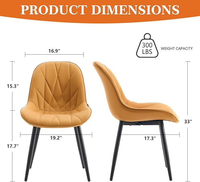 Rowill Modern Dining Chairs Set of 2 - Upholstered Faux Leather Kitchen Chairs with Soft Cushion Backrest, Sturdy Metal Legs & Non-Slip Pads, Perfect for Home Dining Room, Kitchen, Brown Yellow