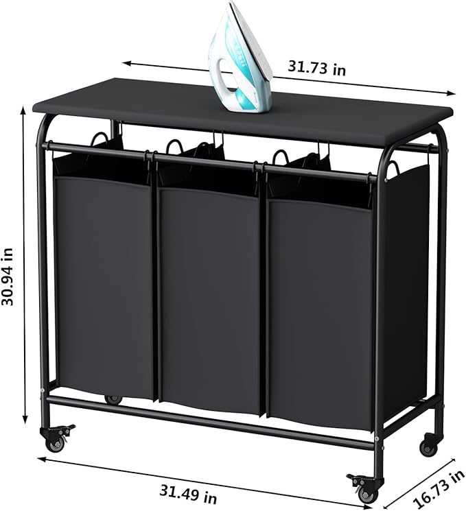 LINZINAR 3 Bag Laundry Basket Sorter Heavy Duty Rolling Lockable Wheels Laundry Hamper Cart with Ironing Board and Removable Bags, Black