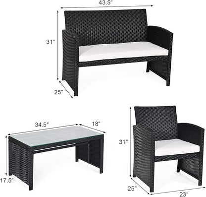 Tangkula Patio Wicker Conversation Furniture Set, Patiojoy Sofa & Table Set w/4 Seats, Outdoor Rattan Sofa Set for Balcony Backyard, Wicker Chair Set with Tempered Glass Coffee Table (1, White)