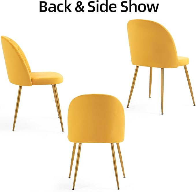 Velvet Dining Chairs Set of 2, Upholstered Mid Century Modern Dining Chairs, Armless Accent Chair with Metal Gold Legs for Living Room, Kitchen, Dining Room, Yellow