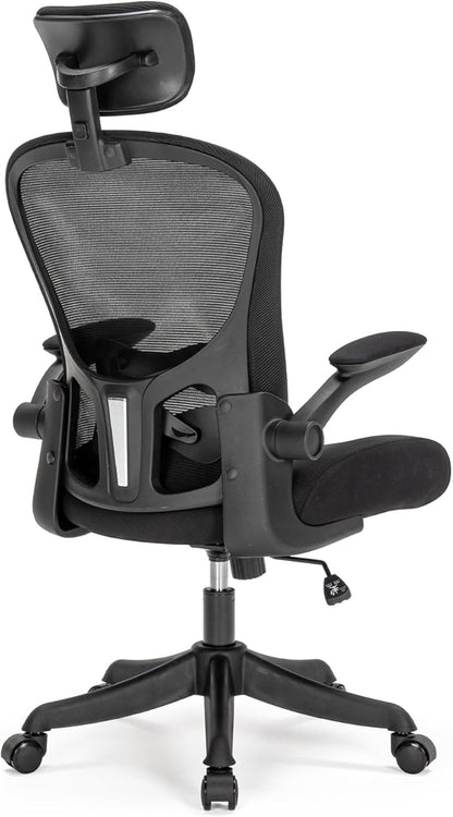 Mesh Office Chair with Adjustable Lumbar Support and Headrest, Ergonomic High Back Task Chair for Home Office, Flip-Up Arms 90-120° Tilt Lock Rolling Swivel Work Chairs(Black6065)