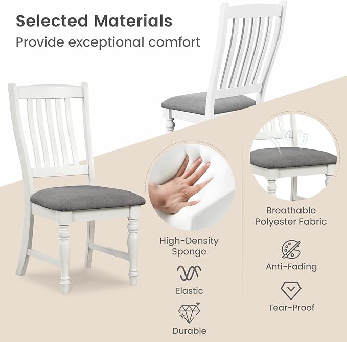 Giantex Wood Dining Chairs Set of 4, Farmhouse Kitchen Chairs with Solid Wood Frame, Max Load 355 Lbs, Armless Upholstered Dining Side Chairs with Cushion Seat, Slat Back Dining Room Chair, White