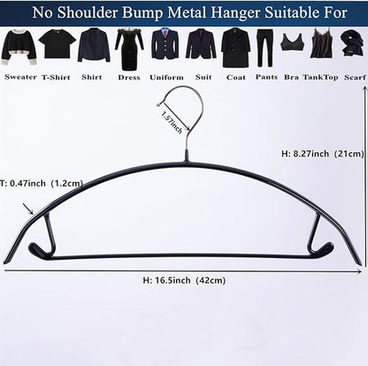 16.5 Inch Black No Shoulder Bumps No Mark Non-Slip Rubber Coated Contour Meta Hanger for Sweater T-Shirt Suit Coat Uniform with Pants Bar Pack of 20