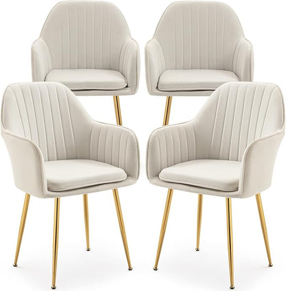 ECOTOUGE Matte Velvet Dining Chairs Set of 4, Modern Arm Chair with Golden Metal Legs, Living Room Accent Chairs for Kitchen, Beige