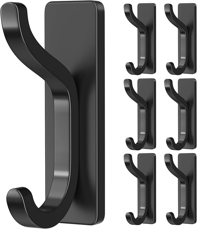pickpiff Adhesive Wall Coat Hooks - Heavy Duty Stick-On Door Hanger, Metal Hook for Hanging Towel,Purse, Robe, Backpack, Jacket, Clothes - for Bathroom,Dorm, Closet, Kitchen - Black, 6 Pack