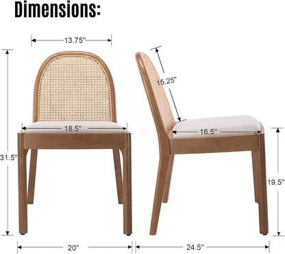 LukeAlon Linen Dining Chairs Set of 2, Natural Woven Cane Back Side Chairs with Solid Wood Legs Mid Century Dinner Chairs for Kitchen Living Room, Beige