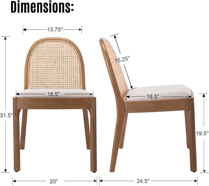 LukeAlon Linen Dining Chairs Set of 4, Natural Woven Cane Back with Solid Wood Legs Mid Century Side Chairs for Kitchen Living Room, Beige