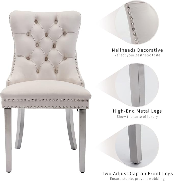 Luxury Upholstered Dining Chairs Set of 8, Beige Kitchen Chair with Silver Metal Legs, Velvet Tufted Back Dining Chair, Sillas de Comedor, Modern Kitchen & Dining Room Chairs (Beige, 8 Pcs)