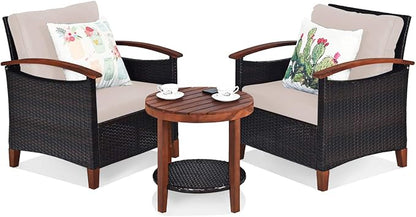 Tangkula 3 Pieces Patio Furniture Set, Outdoor Rattan Sofa and Side Table w/Solid Acacia Wood Frame, High Load Bearing Conversation Bistro Set w/Washable and Removable Cushions (Beige)