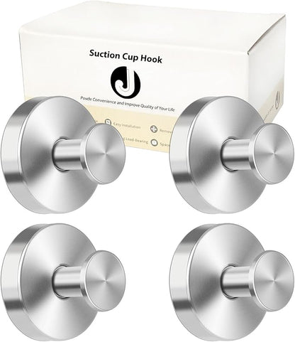 Suction Cup Hooks for Shower Towels Robes, Heavy Duty Bathroom Shower Hooks Stainless Steel, No Drill on Smooth Wall,Glass,Mirror, Tile in Bedroom Kitchen to Hang Swimsuit Washcloths (4, Silver)