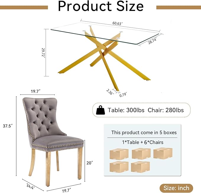 Goujxcy 7 Piece Glass Dining Table Set Modern Glass Dining Table Set for 6, 61" Rectangular Gold Kitchen Table and 6 Velvet Upholstered Chairs, Gold Table & Gray Chair