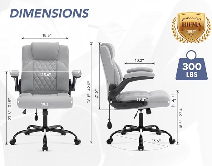 Office Chair with Adjustable Lumbar Support,Leather Ergonomic Computer Desk Chair with Flip-up Arms,Adjustable Tilt Lock,Swivel Rolling Executive PC Chair for Work, Study,Meeting,Small Space.Grey