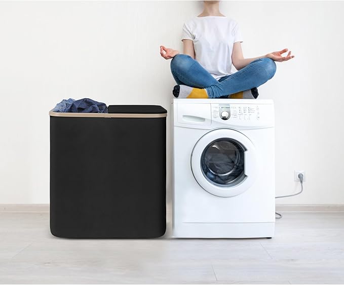 DOKEHOM 160L Double Laundry Basket with Removable Lid and Laundry Bags, Large Collapsible Laundry Hamper with 2 Sections (Black)