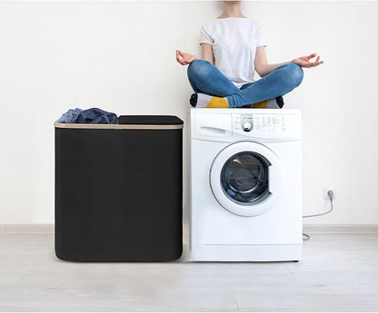 DOKEHOM 160L Double Laundry Basket with Removable Lid and Laundry Bags, Large Collapsible Laundry Hamper with 2 Sections (Black)