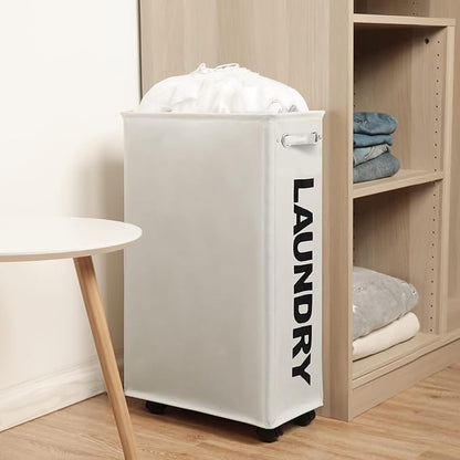 DOKEHOM 29-Inches Enlarged Slim Laundry Basket with Removable Wash Bag on Wheels, Collapsible Rolling Laundry Hamper, Foldable Narrow Corner Clothes Storage Bins (Beige)
