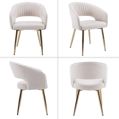 Modern Dining Chairs Set of 4, Upholstered PU Leather Gold Dining Room Chairs with Hollow Back, Accent Armrest Kitchen Chairs with Gold Legs for Living Room Cream