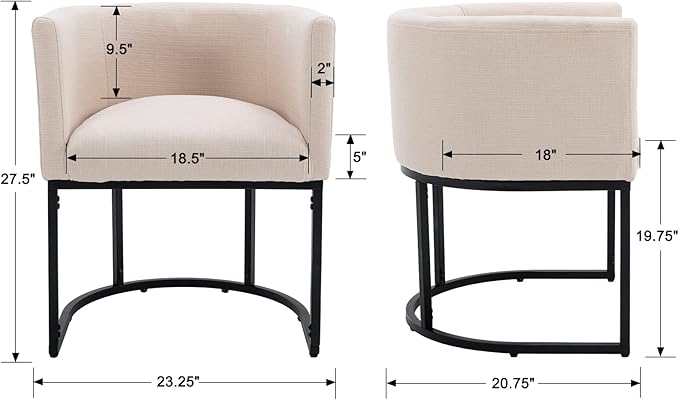 Linen Fabric Dining Chairs Set of 3 Modern Barrel Arm Chairs with Black Frame Upholstered Kitchen Chairs 18.5" Wide Accent Chairs for Living Room Dining Room Restaurant, Cream