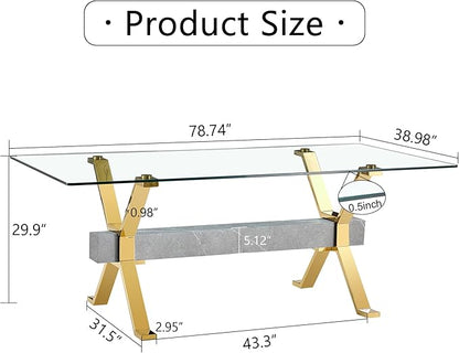 79" Glass Dining Table, Modern Kitchen Table, Modern Dining Table for 8, 0.5" Thick Tempered Glass Tabletop with Gold Chrome Metal Legs and Grey Crossbar, Ideal for Dining Room, Kitchen