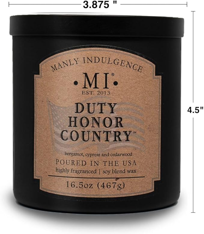 Manly Indulgence Duty Honor Country Scented Jar Candle, 2 Wick, 16.5 oz Premium Soy Blend Wax, 60H Burn, Candles for Home Scented - Made in The USA