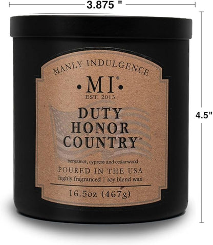 Manly Indulgence Duty Honor Country Scented Jar Candle, 2 Wick, 16.5 oz Premium Soy Blend Wax, 60H Burn, Candles for Home Scented - Made in The USA