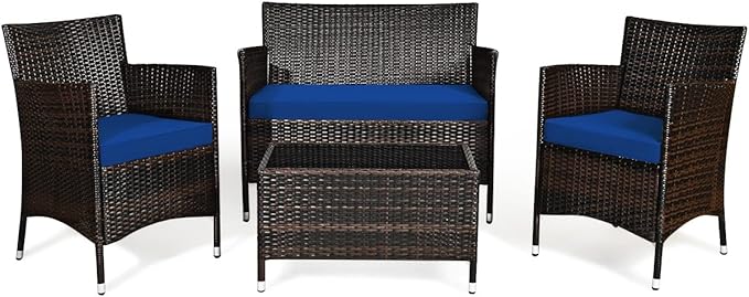 Goplus 4-Piece Rattan Patio Set, Outdoor/Indoor Wicker Conversation Set for Pool, Backyard, Lawn, Wicker Chairs and Sofa with Soft Cushion, Rattan Furniture with Tempered Glass Coffee Table