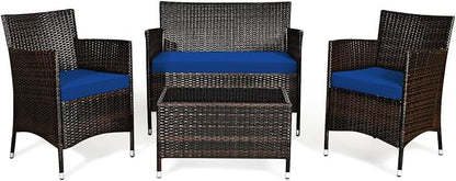 Goplus 4-Piece Rattan Patio Set, Outdoor/Indoor Wicker Conversation Set for Pool, Backyard, Lawn, Wicker Chairs and Sofa with Soft Cushion, Rattan Furniture with Tempered Glass Coffee Table