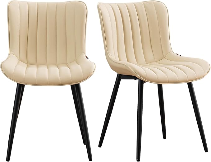 YOUNUOKE Mid-Century Modern Dining Chairs Set of 2, Beige PU Leather Upholstered Kitchen Chairs with Black Metal Legs, Armless Accent Chair for Dining Room, Guest Reception Room