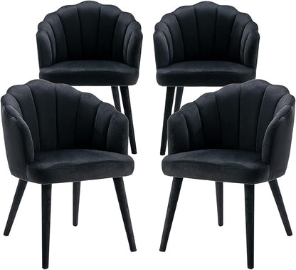 Velvet Dining Chairs Set of 4 Modern Living Room Chairs with Petal Back & Wood Legs Comfy Upholstered Side Chair Accent Chair for Dining Room/Bedroom/Vanity, Black