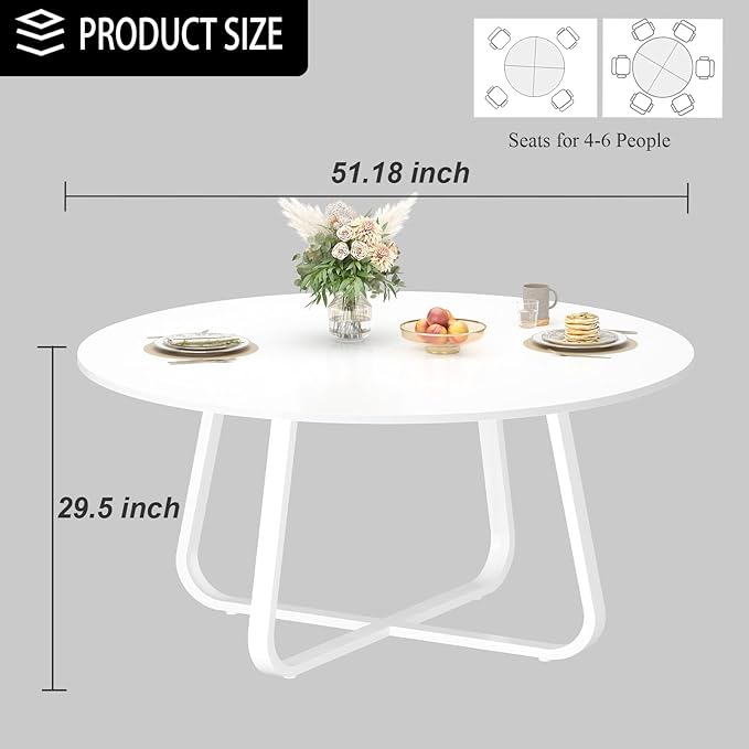 LVB Round Dining Table, Modern Wood Metal Kitchen Table, Industrial Small Dinner Room Tables for 4 to 6 People, Circle Coffee Dining Room Tables for Home Kitchen Living Room,White Oak, 51 Inch