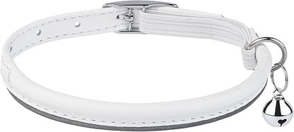OOPSDOGGY Rolled Leather Cat Collar with Bell, Reflective Kitten Collars with Buckle Include Safety Elastic Strap - Adjustable Small Pet Collars for Boy Girl Cats (White)