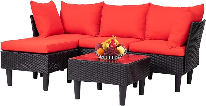 FDW Patio Furniture Sets 5 Pieces Outdoor Wicker Conversation Set Sectional Sofa Rattan Chair for Outdoor Backyard Porch Poolside Balcony Garden Furniture with Coffee Table,Red Cushion