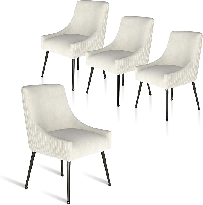 Velvet Dining Chairs Set of 4,Beige Upholstered Living Room Chairs with Black Metal Legs, Modern Tufted Accent Chairs for Living Room, Study Room, Kitchen