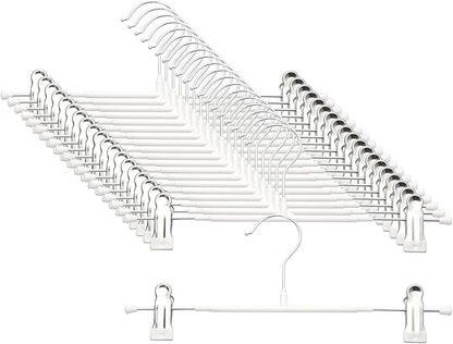 Pants Hangers with Clips - 20 Pack Heavy Duty, Non-Slip Adjustable Space Saving Skirt Hangers for Pants, Jeans, Shorts | White | 12 Inch