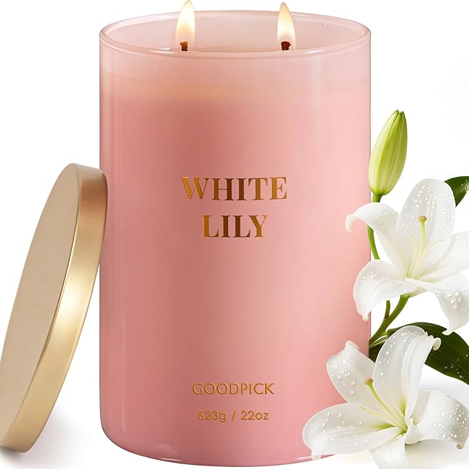 Goodpick Scented Candle White Lily, Soy Wax 22oz Long Burning 120H, Fresh Floral Citrus & Woody Musk, Home Aromatherapy Candles