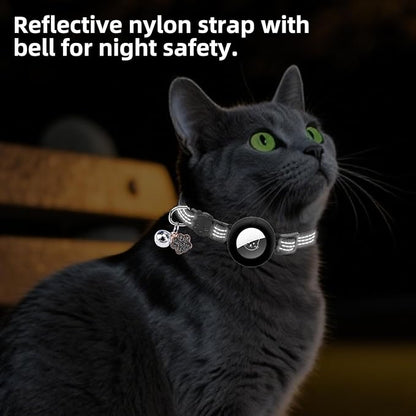 PUPTECK Airtag Cat Collar Breakaway 2 Pack with Bells, Reflective Kitten Collar with Air Tag Holder for Boy Girl Kitty and Puppies, Soft, Black