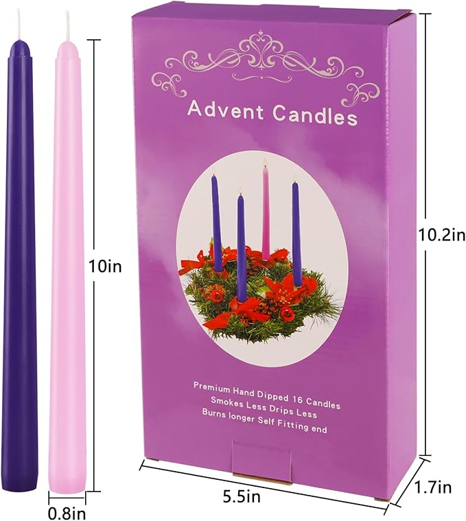 16 Pack Advent Taper Candles Premium Hand Dipped 10in Unscented Christmas Taper Candles - Ideal for Seasonal Celebrations, Holidays, Church, Celebration, Party