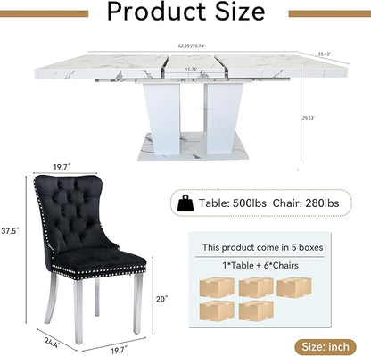 7-Piece Extendable Dining Table Set for 6-8 People 63-78 Inch Kitchen Table Set with 6 Black Upholstered Chairs Modern White Faux Marble Rectangular Dining Room Table Set for Kitchen Apartment