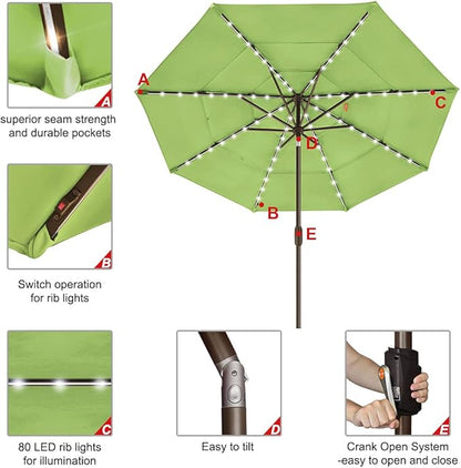EliteShade USA 10-Year-Non-Fading Solar 9ft 3 Tiers Market Umbrella with 80 LED Lights Patio Umbrellas Outdoor Table with Ventilation,Macaw Green