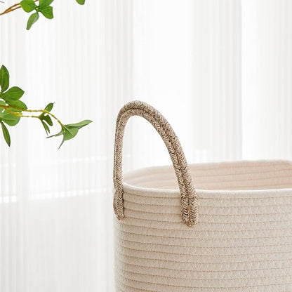 VIPOSCO Large Laundry Hamper, Tall Woven Rope Storage Basket for Blanket, Toys, Dirty Clothes in Living Room, Bathroom, Bedroom - 100L White & Brown