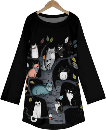 Womens Tunic Shirt Cute Cat Print Long Sleeve Round Neck Women T Shirts Cotton Casual Plus Size Vacation Tunics Tops