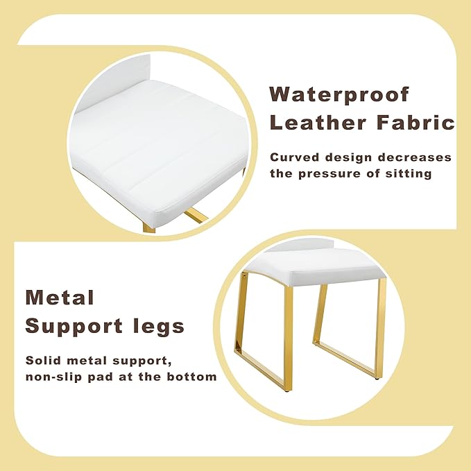 Modern Dining Chairs Set of 2, White Faux Leather Kitchen Chairs, Upholstered Armless Dining Room Chair with Gold Mental Legs Heavy Duty, Comfortable (White and Gold, Set of 2)