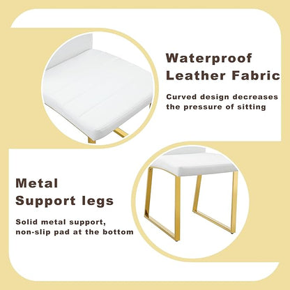 Modern Dining Chairs Set of 4, White Faux Leather Kitchen Chairs, Upholstered Armless Dining Room Chair with Gold Mental Legs Heavy Duty, Comfortable (White and Gold, Set of 4)