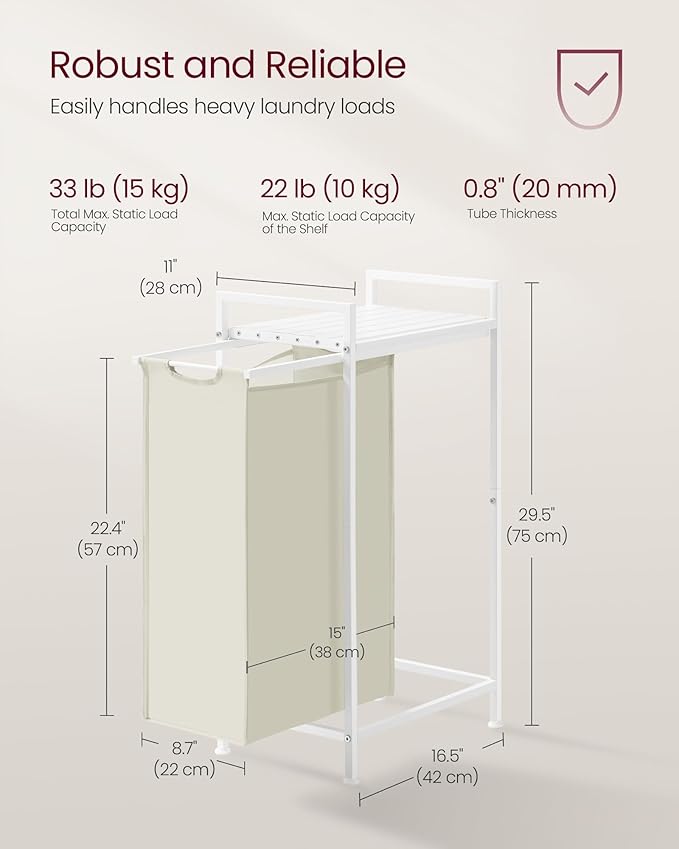 VASAGLE Laundry Hamper, Laundry Basket, Laundry Sorter with a Pull-Out and Removable Bag, Shelf, Metal Frame, 12.4 Gallons (47 L), 16.5 x 11 x 29.5 Inches, Cream White and Cloud White UBLH001W01